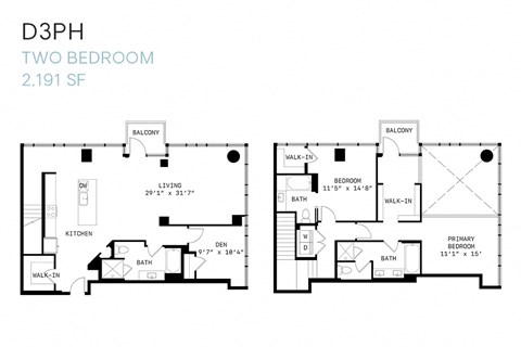 Floor plan for 2 beds, 3 baths, 2191 sqft